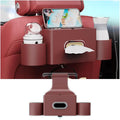 Seat Back Organizer, Full Leather Cover Tissue Case Headrest Storage Box with 2 Cup Holders and Hook Multi-functional Durable Back Seat Storage Tool for Family Travel and Kids Care Red