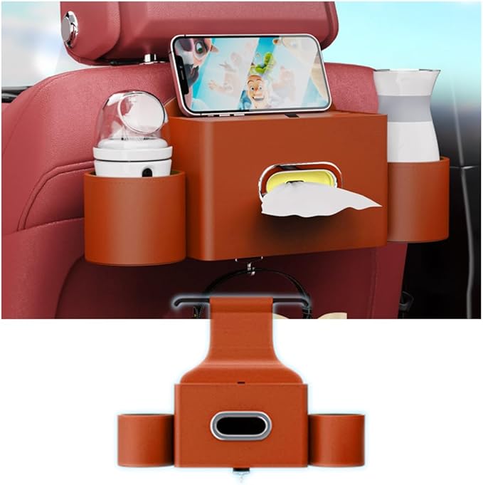 Seat Back Organizer, Full Leather Cover Tissue Case Headrest Storage Box with 2 Cup Holders and Hook Multi-functional Durable Back Seat Storage Tool for Family Travel and Kids Care Orange