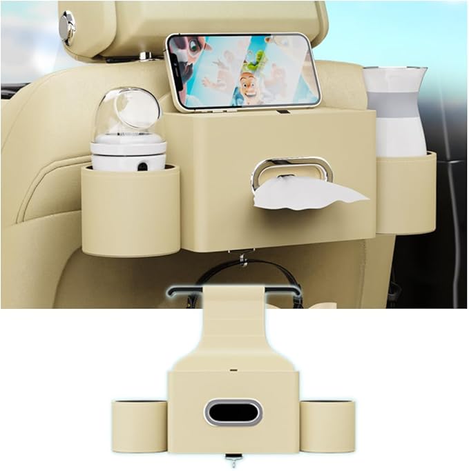 Seat Back Organizer, Full Leather Cover Tissue Case Headrest Storage Box with 2 Cup Holders and Hook Multi-functional Durable Back Seat Storage Tool for Family Travel and Kids Care Beige