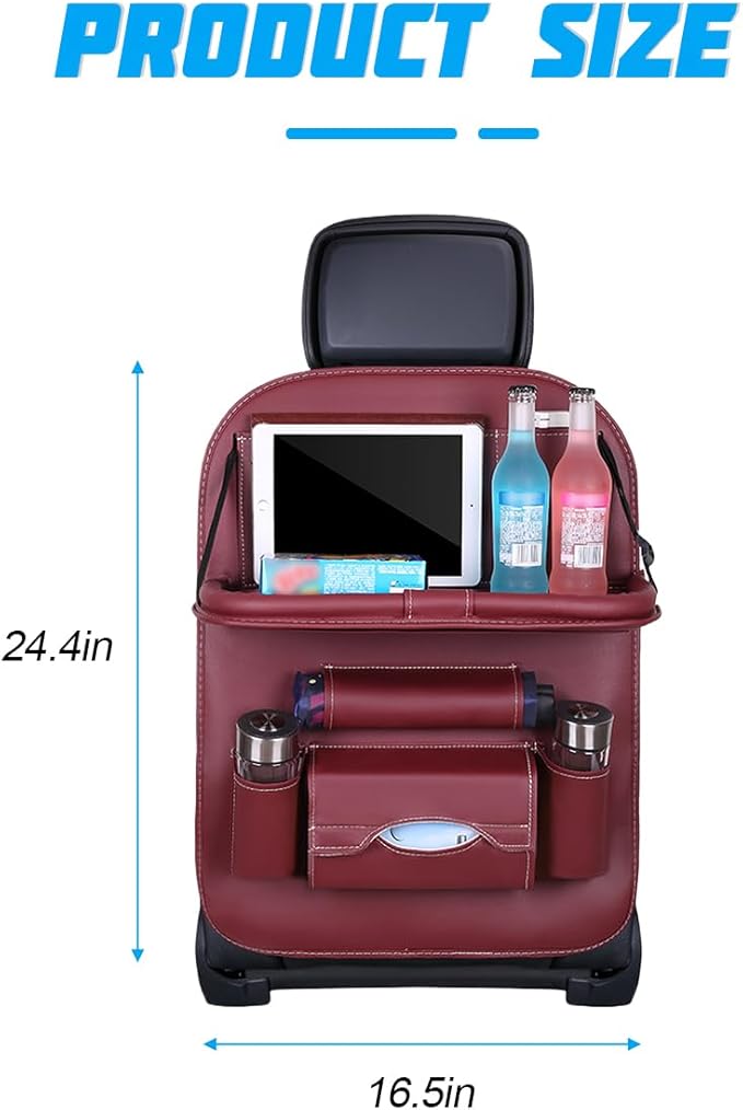 Car Seat Back Organizer, Leather Vehicle Seatback Storage Pocket with Foldable Table Tray, Multifunctional Automotive Backseat Protectors Kick Mats Accessories, Universal Fit (Wine Red)