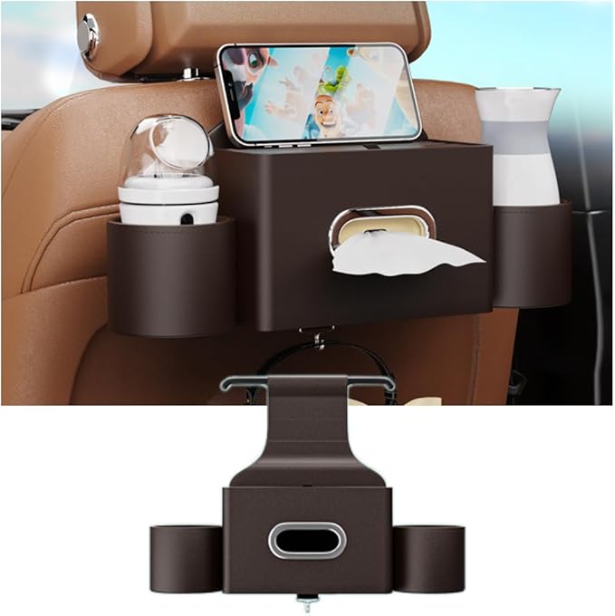 Seat Back Organizer, Full Leather Cover Tissue Case Headrest Storage Box with 2 Cup Holders and Hook Multi-functional Durable Back Seat Storage Tool for Family Travel and Kids Care Brown