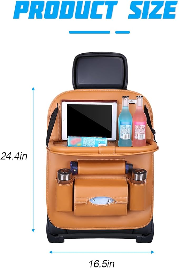 Car Seat Back Organizer, Leather Vehicle Seatback Storage Pocket with Foldable Table Tray, Multifunctional Automotive Backseat Protectors Kick Mats Accessories, Universal Fit (Brown)