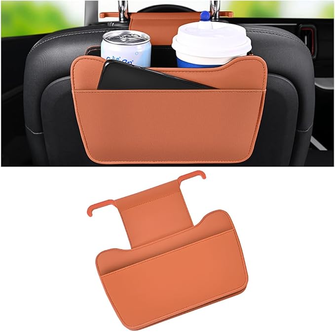 Car Seat Back Organizer, Leather Multipurpose Vehicle Backseat Storage Pocket, Waterproof Automotive Interior Hanging Bag Accessories, Universal for SUV, Sedan, Truck (Orange)