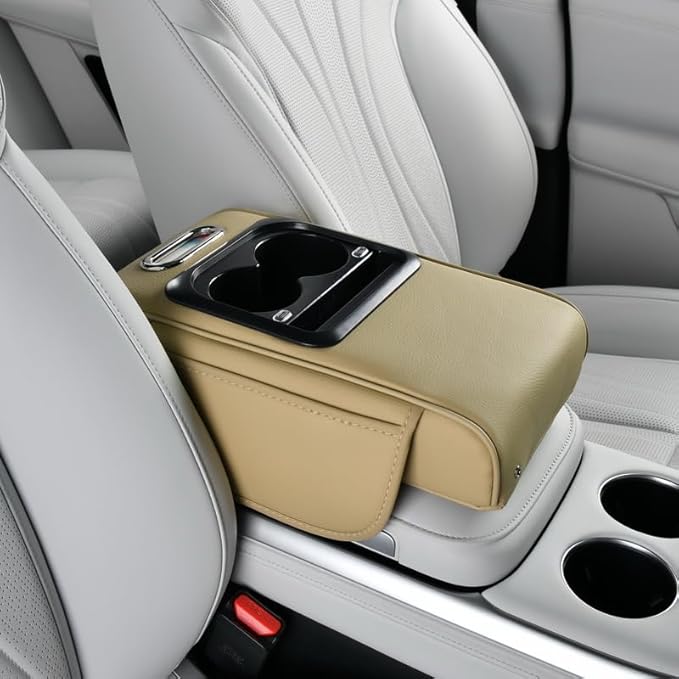 Armrest Pad for Car w/Type-C Charging Interface, Car Center Console Cup Holder, Interior Car Accessories, 2 Sizes& Styles (Upgraded Version, Beige, M: 35×20.5×7cm / 13.78×8.07×2.76’’)