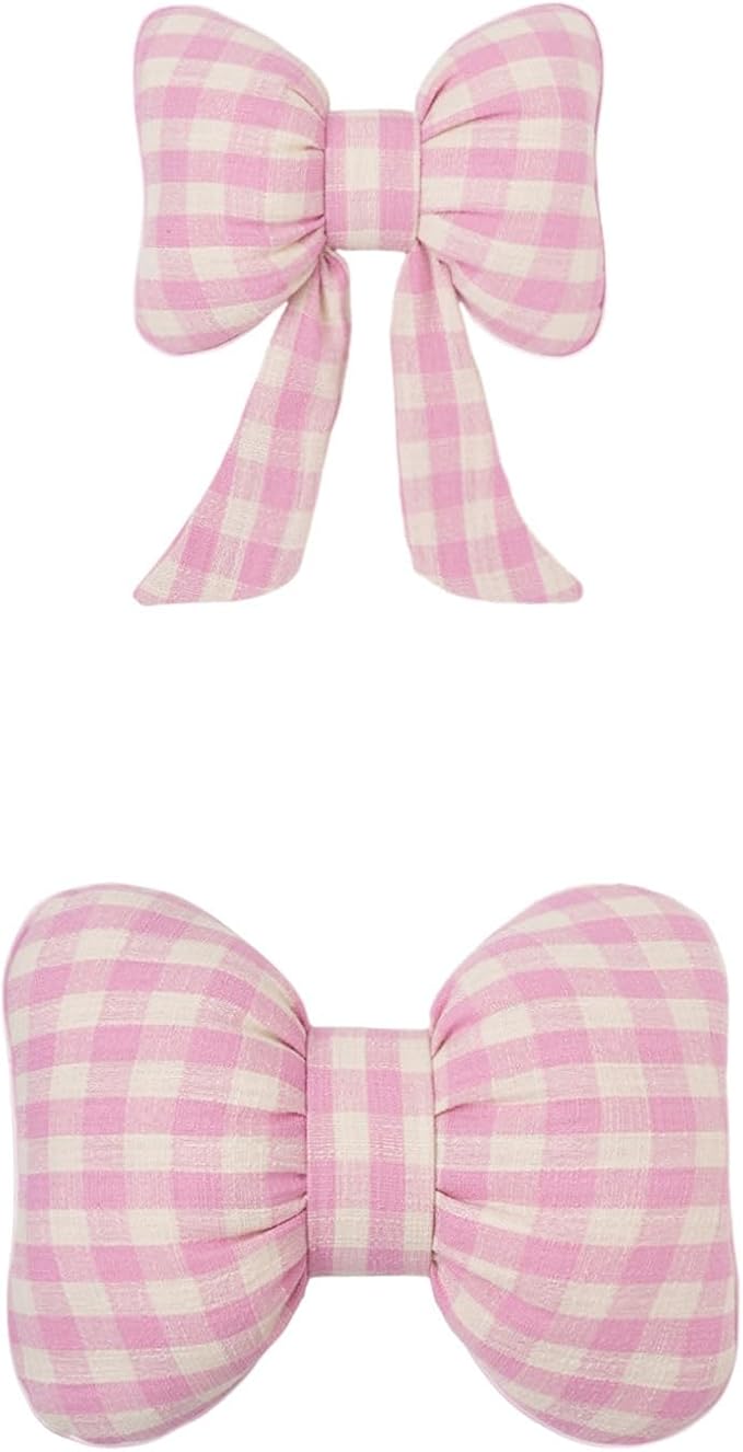 Car Accessories Plaid Bow Headrest Lumbar Pillow 4PCs Set Cotton Linen Elegant Soft Car Seat Cushions for Daily Commuting Trave (Pink Plaid,headrest+Lumbar Pillow 2pcs)