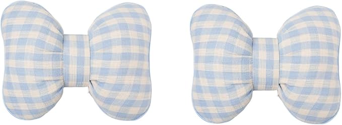 Car Accessories Plaid Bow Headrest Lumbar Pillow 4PCs Set Cotton Linen Elegant Soft Car Seat Cushions for Daily Commuting Trave (Blue Plaid,4pcs)