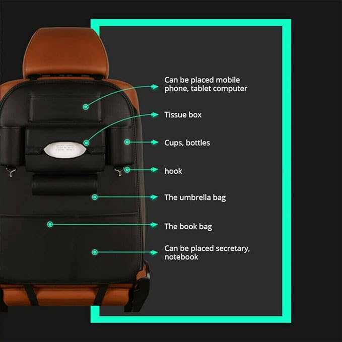 Backseat Car Organizer, Black Backseat Organizers PU Leather Storage Bag Holder Pocket Back Seat Protector Kick Mats Seat Back Organizer for Kids