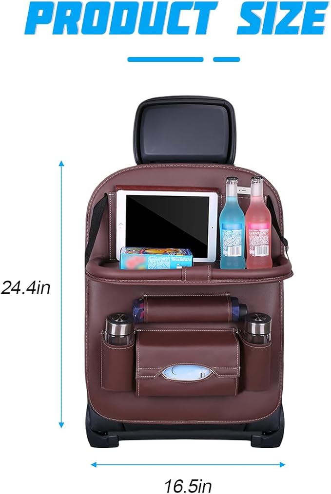 Car Seat Back Organizer, Leather Vehicle Seatback Storage Pocket with Foldable Table Tray, Multifunctional Automotive Backseat Protectors Kick Mats Accessories, Universal Fit (Coffee)