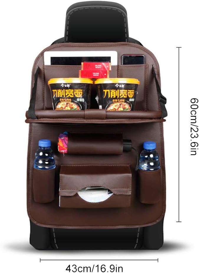 Car Seat Back Organizer PU Leather Storage Bag Universal Auto Multi-pocket Backseat Organizer with Foldable Table Tray