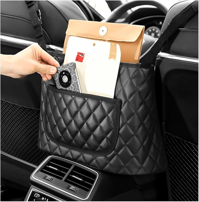 Car Purse Holder Between Seats, Leather Automotive Seat Back Organizer Large Capacity Bag, Front Seat Pocket Handbag Holder & Barrier of Backseat Pet Kids for Most Vehicles