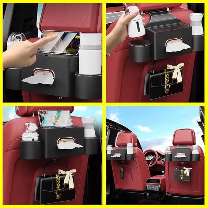 Seat Back Organizer, Full Leather Cover Tissue Case Headrest Storage Box with 2 Cup Holders and Hook Multi-functional Durable Back Seat Storage Tool for Family Travel and Kids Care Red