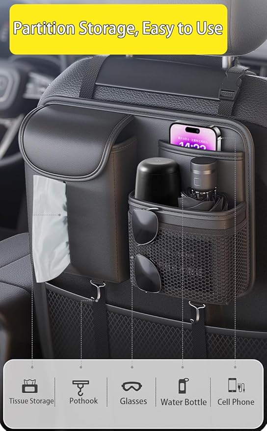Premium Leather Car Seat Back Organizer with Cup and Tissue Holder, Multi-Pocket Storage with Adjustable Straps for SUVs, Trucks, Sedans (Grey)