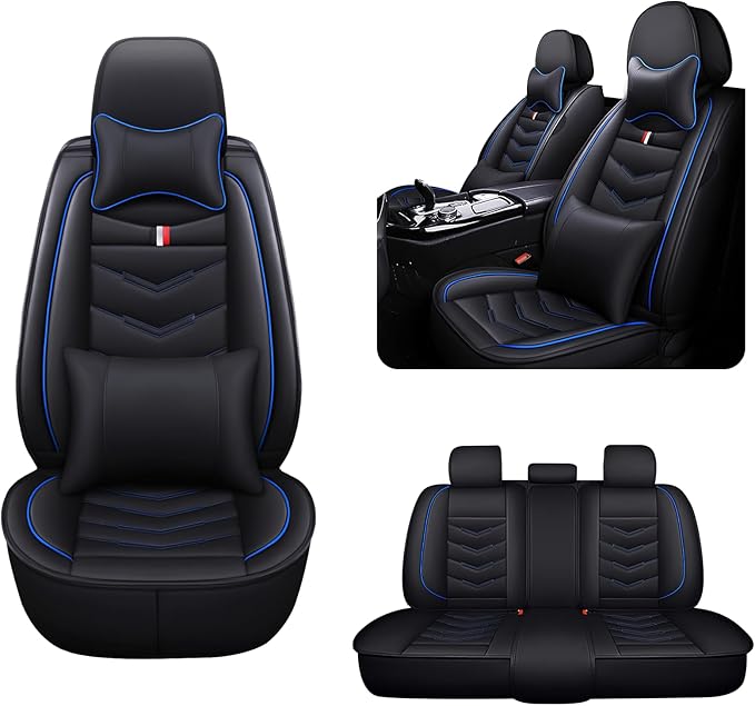 MVRVMV Seat Covers for Ford Edge 2007-2024, Waterproof Leather Auto Seat Cover with 2* Neck Pillow and 2* Lumbar Support (5 Seat Luxury,Black-Blue)