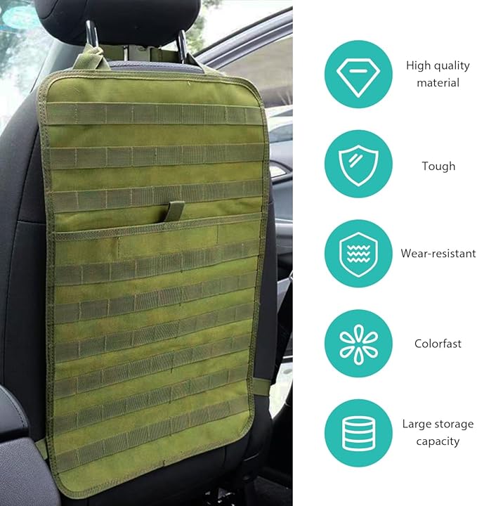 Car Seat Back Organizer, Tactical MOLLE Sag Proof Vehicle Panel Backseat Cover Protector, Universal Molle Nylon Storage Bag Seat Back Hanger Pad for Car Truck SUV Pickup (Army Green)
