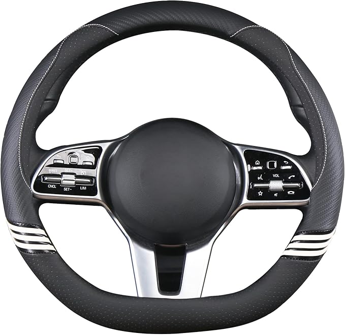 14 inch Cute D Shaped Steering Wheel Cover for Women Men Faux Leather and Carbon Fiber,Black