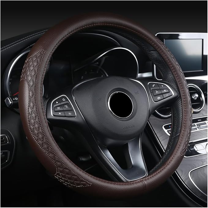 AUCELI Car Steering Wheel Cover, 14 1/2-15 inch Non-Slip Soft Breathable Leather Automotive Steering Wheel Protecteor, Vehicle Accessories for Men Women, Universal for SUV, Truck, RV（Coffee）