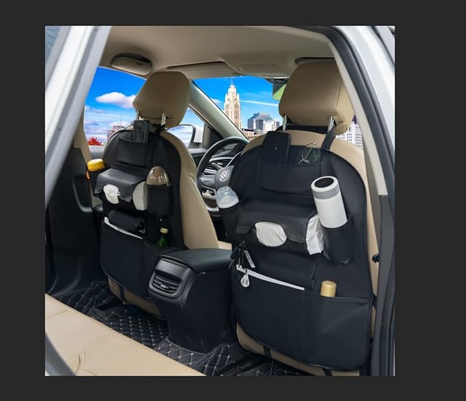 Backseat Car Organizer, PU Leather Car Seat Back Organizer Travel Storage Bag Holder Pocket Kick Mats Back Seat Protector Car Back Seat Organizer for Kids, Universal Car Travel Accessories