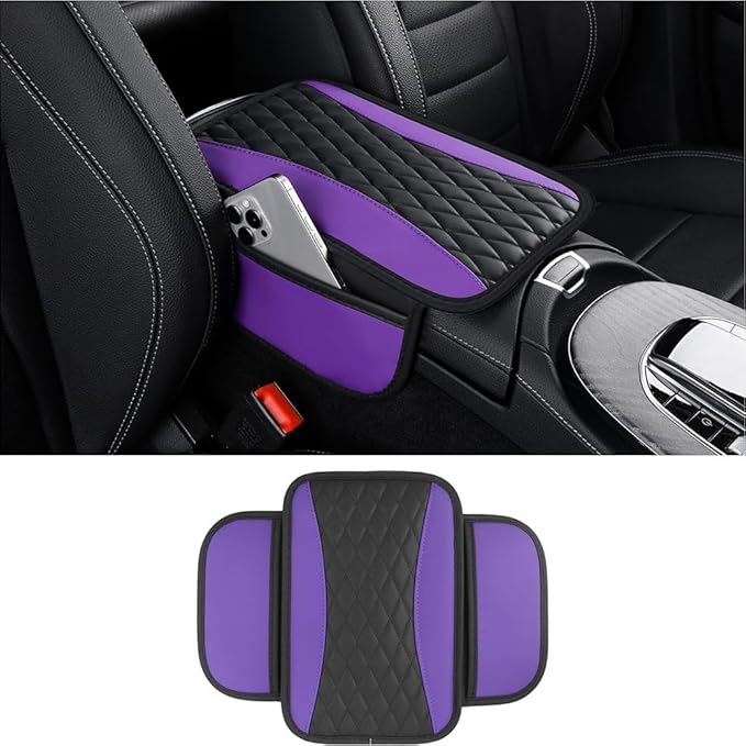 Car Center Console Cover for Jeep Wrangler 1986–2025 2026 YJ/TJ/JK/JL,Leather Armrest Pad with Side Storage Pockets,Waterproof Console Lid Protector,Auto Interior Accessories,Purple