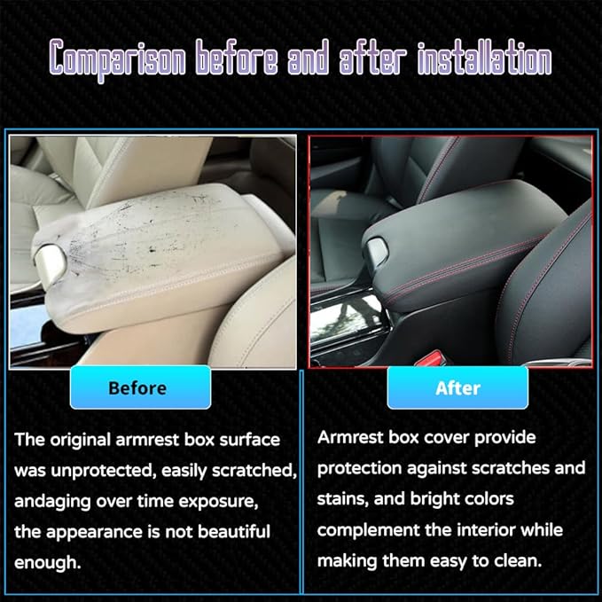 Custom Interior Accessories for Honda Accord 2008 2009 2010 2011 2012 PU Leather Center Console Armrest Box Cover Armrest Cushion Central Armrest Protector Pad(Black with Red Stitching)