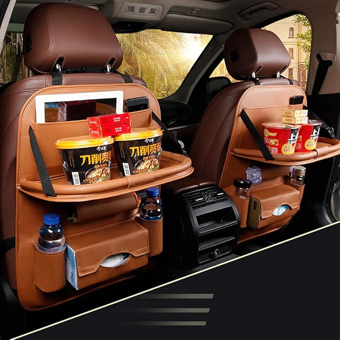 Car Seat Back Organizer PU Leather Storage Bag Universal Auto Multi-pocket Backseat Organizer with Foldable Table Tray