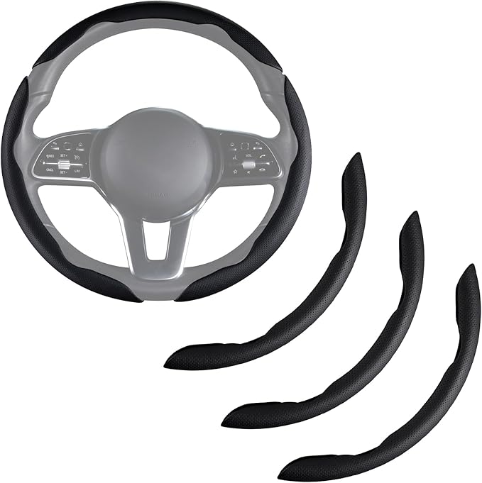 Nappa Leather Car Steering Wheel Cover for Men Women, Ultra-Thin Non-Slip Breathable Microfibre, Universal for 14.5"-15" Steering Wheel - Black