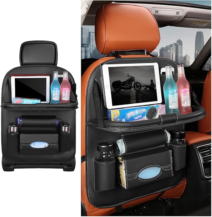Car Seat Back Organizer, Leather Vehicle Seatback Storage Pocket with Foldable Table Tray, Multifunctional Automotive Backseat Protectors Kick Mats Accessories, Universal Fit (Black)
