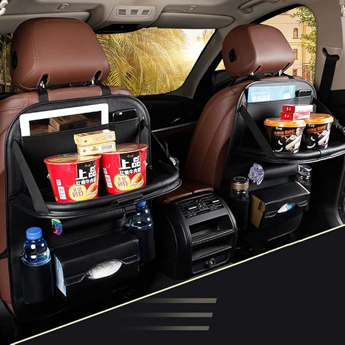Car Seat Back Organizer PU Leather Storage Bag Universal Auto Multi-pocket Backseat Organizer with Foldable Table Tray