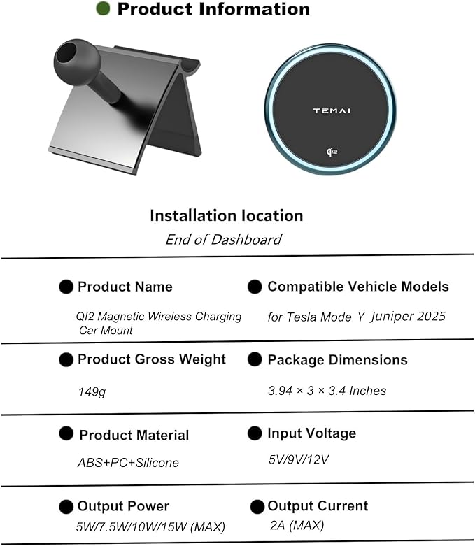 for Tesla Phone Mount Model Y Juniper 2025, Wireless Charger Strong Magnetic Phone Holder for All 4-6.9'' Smartphones, 360° Dock Base Airvent Adjustable, Anti-Slip Mount