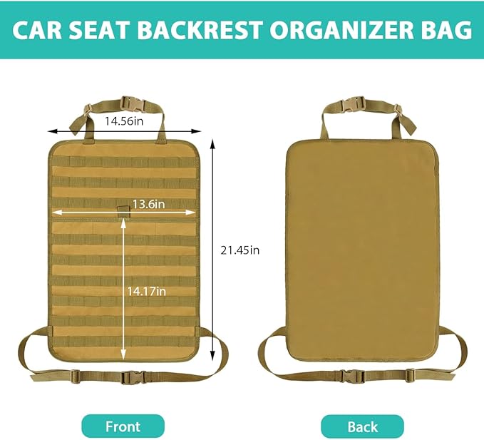 Car Seat Back Organizer, Tactical MOLLE Sag Proof Vehicle Panel Backseat Cover Protector, Universal Molle Nylon Storage Bag Seat Back Hanger Pad for Car Truck SUV Pickup (Khaki)