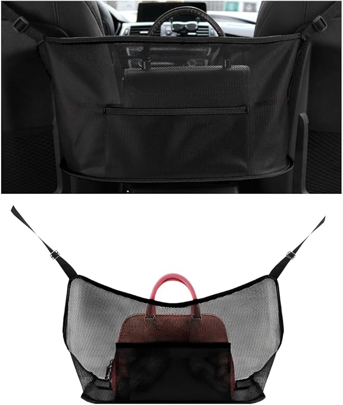 Car Net Pocket Handbag Holder, Driver Storage Netting Pouch Between Seats, Large Capacity Seat Back Organizer Mesh Pocket for Purses and Bags, Auto Backseat Pet Kids Barrier (Black)