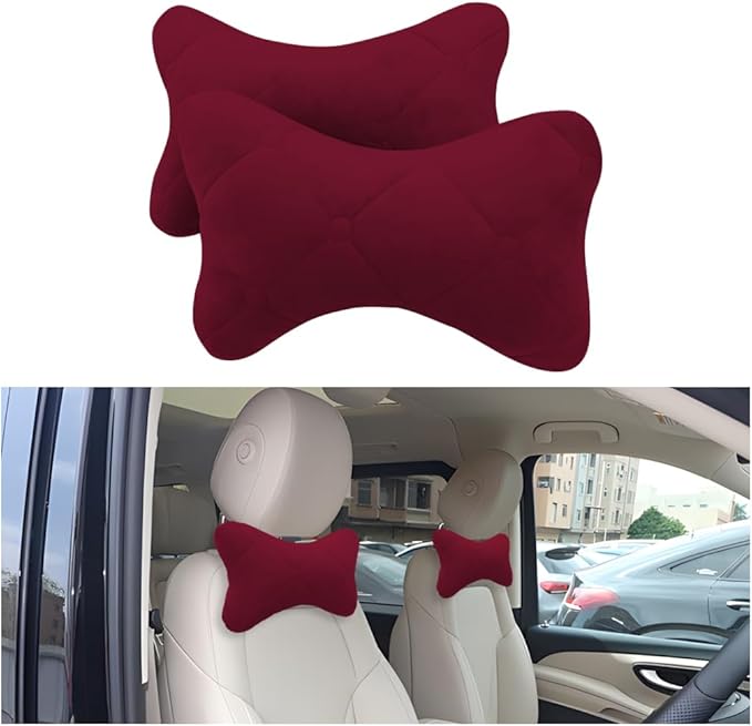 2PCS Car Headrest Pillow, Soft Comfortable Vehicle Neck Pillow Cushion, Automotive Interior Head Rest Pad Accessories for Driving Fatigue Relief, Universal for SUV, Sedan, Truck (Wine Red)