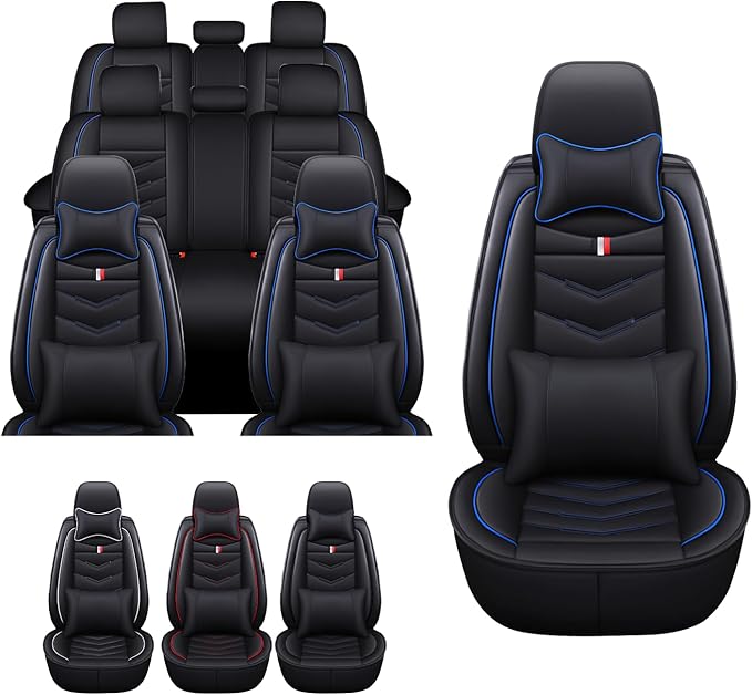 MVRVMV Luxury Car Seat Covers for Honda Pilot 2010-2026, Wear-Resistant Front and Rear Seat Cover with 2* Neck Pillow and 2* Lumbar Support (8 Seat Luxury, Black-Blue