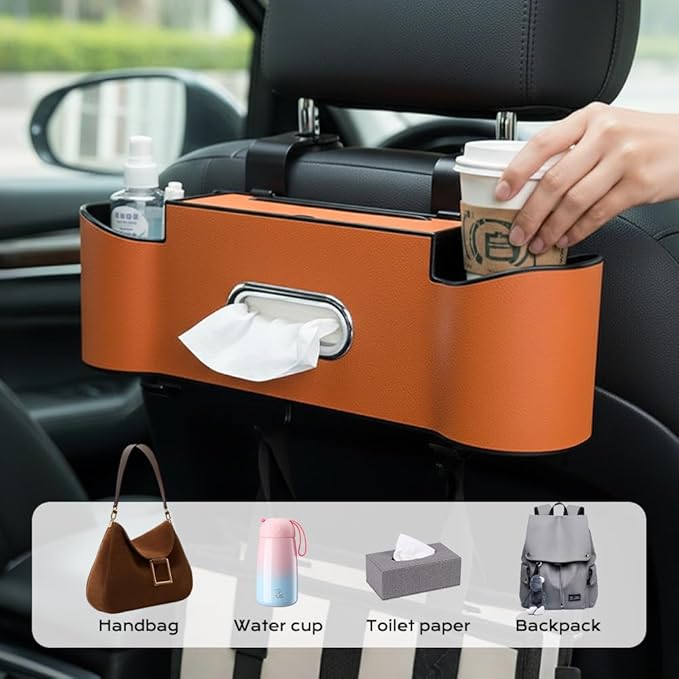 Back Seat Car Organizer with Cup Holder, 2026 New Backseat Car Organizer Back Seat, Multifunctional Car Seat Back Organizer Storage Box with Hooks & Tissue Box, for Drinks, Phone & Handbags (Black)