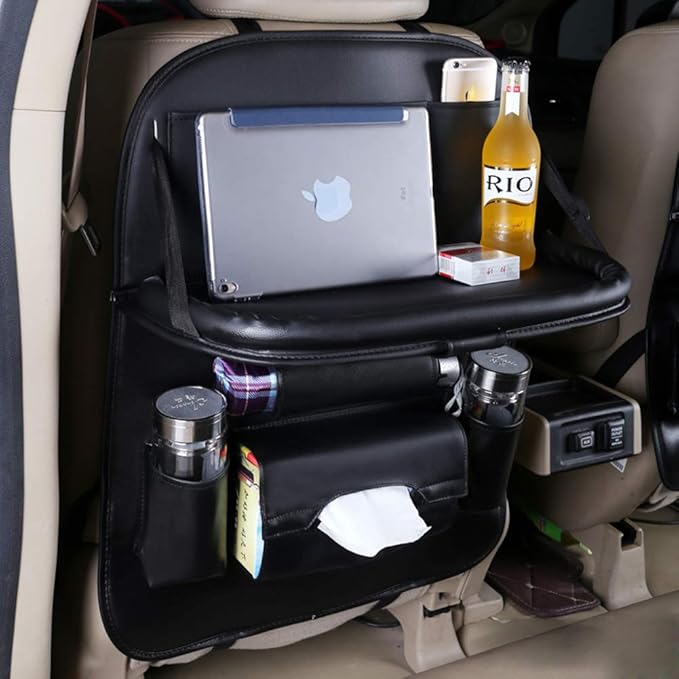 Car Seat Back Organizer PU Leather Storage Bag Universal Auto Multi-pocket Backseat Organizer with Foldable Table Tray