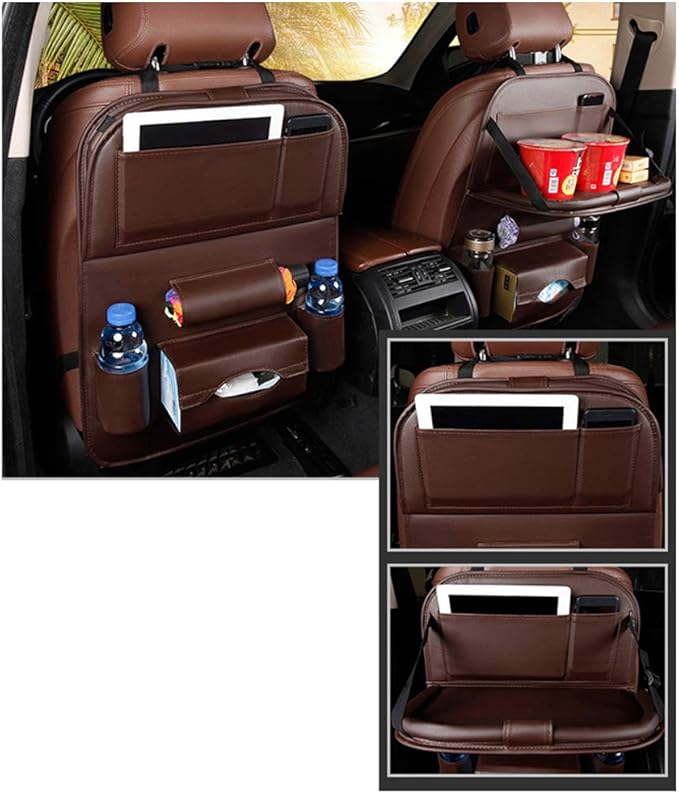 Car Seat Back Organizer PU Leather Storage Bag Universal Auto Multi-pocket Backseat Organizer with Foldable Table Tray