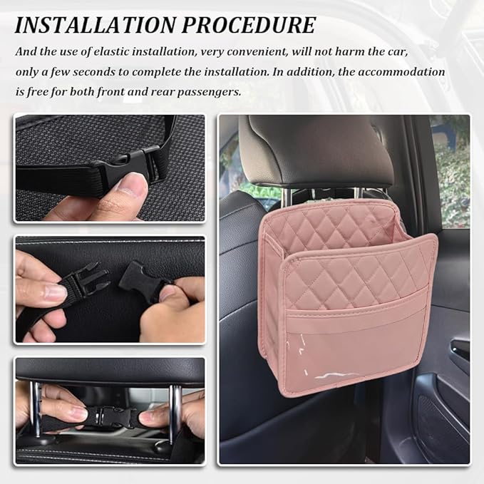 Car Seat Back Organizer, Car Organizers and Storage, PU Leather Vehicle Backseat Hanging Storage Pocket, Multipurpose Auto Travel Essentials Accessories for Kids & Adults, Universal for Cars (Pink)