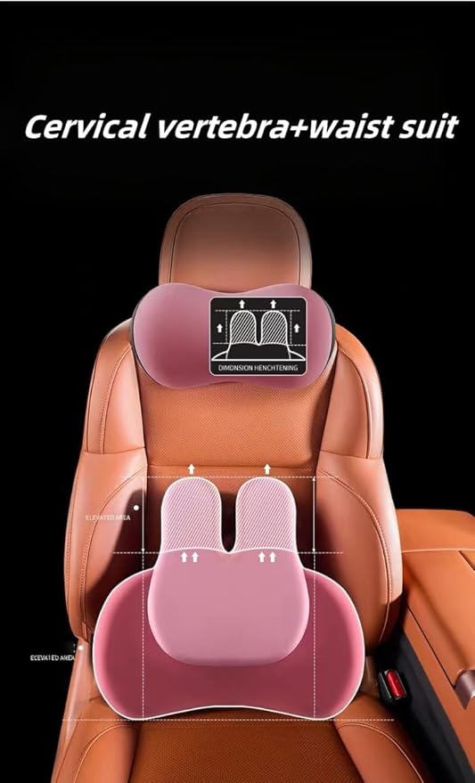 Cute Bunny Car Seat Cushion Set - Lumbar Support Pillow & Neck Pillow for Women Drivers, Ergonomic Back Comfort for Long Drives, Adorable Rabbit Design Car Accessories (Yellow)