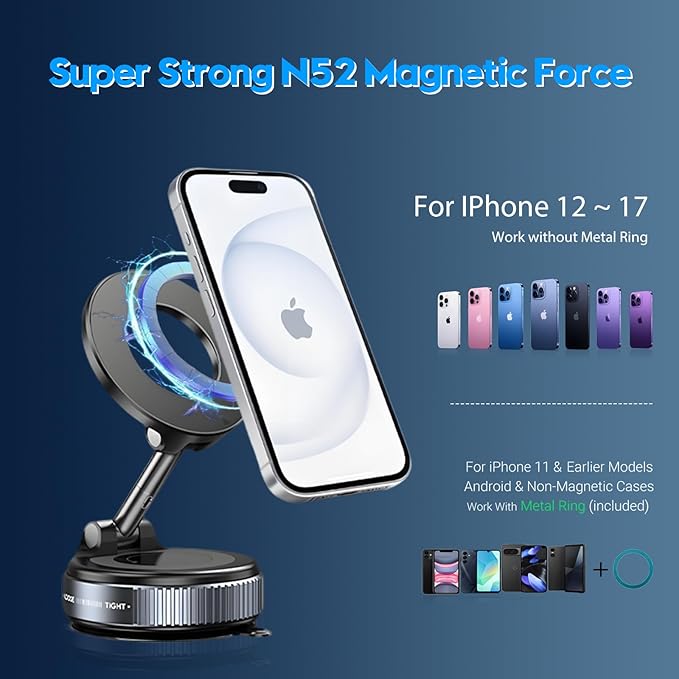 Magnetic Phone Holder for Car - Suction Cup Phone Mount for Magsafe, Universal 360° Dashboard Phone Holder Vacuum Cell Phone Holders for Your Car/Gym/Mirror Car Mount for iPhone & Android