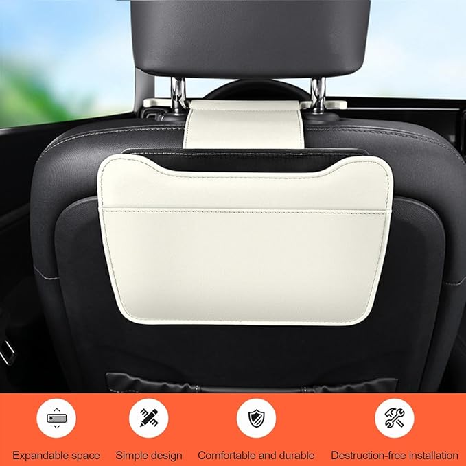 Car Seat Back Organizer, Leather Multipurpose Vehicle Backseat Storage Pocket, Waterproof Automotive Interior Hanging Bag Accessories, Universal for SUV, Sedan, Truck (White)