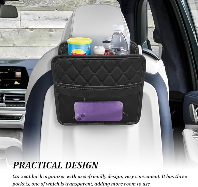 Car Seat Back Organizer, Car Organizers and Storage, PU Leather Vehicle Backseat Hanging Storage Pocket, Multipurpose Auto Travel Essentials Accessories for Kids & Adults, Universal for Cars (Black)