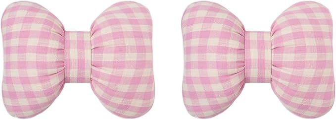 Car Accessories Plaid Bow Headrest Lumbar Pillow 4PCs Set Cotton Linen Elegant Soft Car Seat Cushions for Daily Commuting Trave (Pink Plaid,Lumbar Pillow 2pcs)