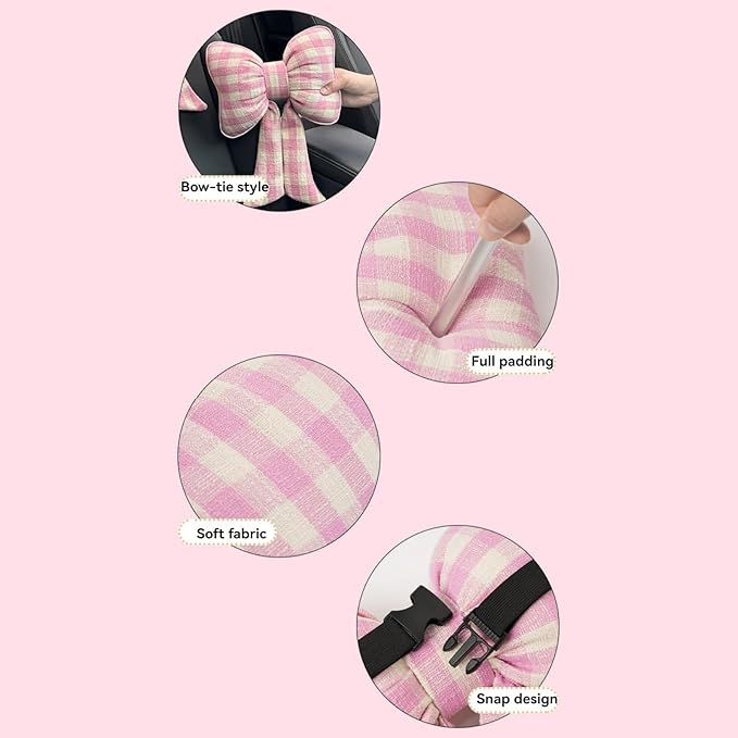 Car Accessories Plaid Bow Headrest Lumbar Pillow 4PCs Set Cotton Linen Elegant Soft Car Seat Cushions for Daily Commuting Trave (Pink Plaid,Headrest 2pcs)