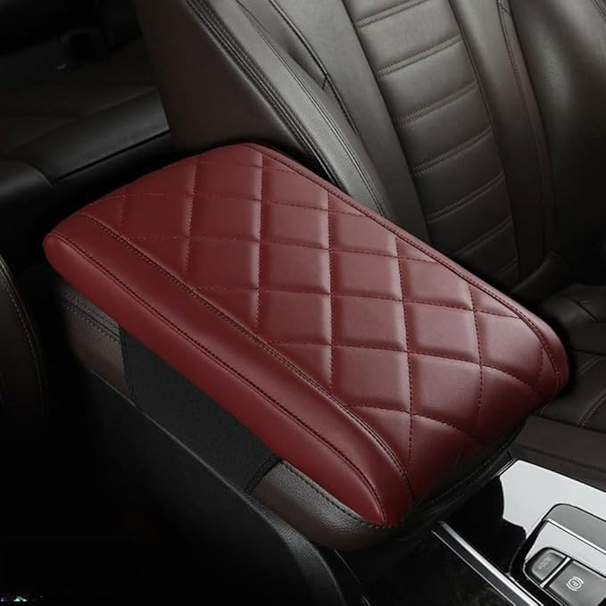 Car Center Console Cover Nappa Leather Memory Foam Armrest Box Seat Box Cushion Protector Pad Comfortable Height Increase Universal for Car Truck SUV (Diamond,Wine Red)