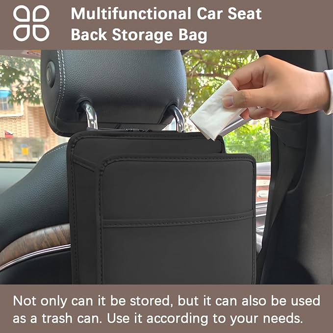 Car Seat Back Organizer, Leather Multipurpose Hanging Vehicle Backseat Headrest Storage Bag, Automotive Pouch Pocket Organizer for Kids & Adults, Universal for Truck SUV Sedan (Brown)