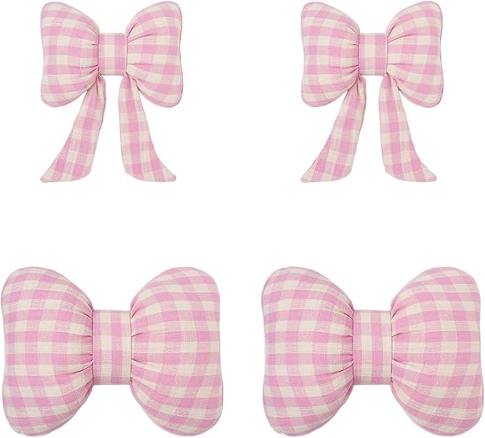 Car Accessories Plaid Bow Headrest Lumbar Pillow 4PCs Set Cotton Linen Elegant Soft Car Seat Cushions for Daily Commuting Trave (Pink Plaid,4pcs)