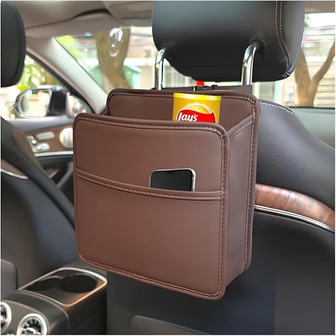 Car Seat Back Organizer, Leather Multipurpose Hanging Vehicle Backseat Headrest Storage Bag, Automotive Pouch Pocket Organizer for Kids & Adults, Universal for Truck SUV Sedan (Brown)
