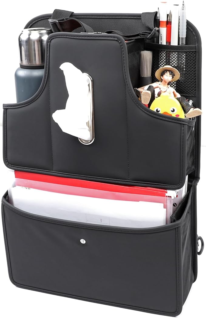 Car Tissue Holder and Seat Back Organizer, Extra Multifunctional Drink Cup Holder Keeps Your Car Clean and Tidy,Storage Bag (Style C Black)