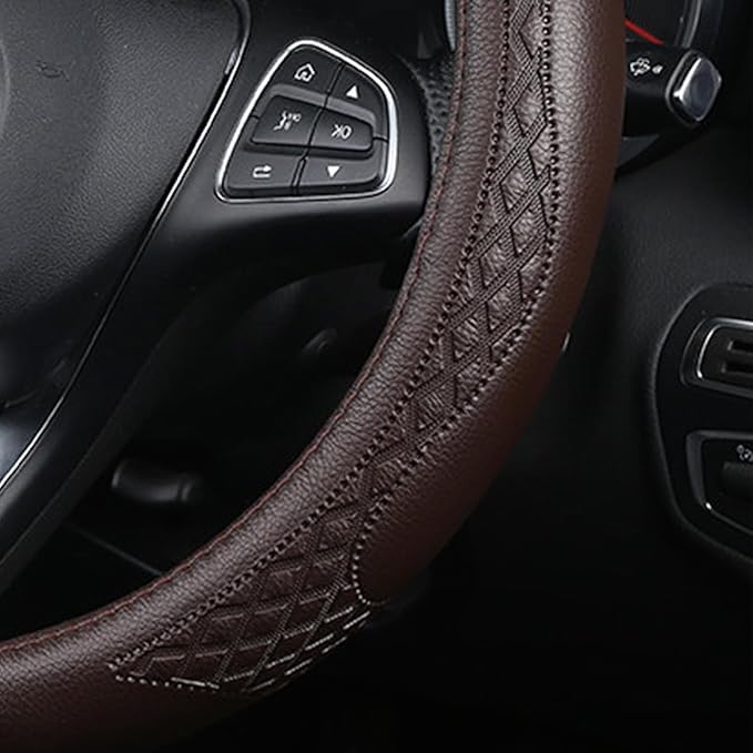 AUCELI Car Steering Wheel Cover, 14 1/2-15 inch Non-Slip Soft Breathable Leather Automotive Steering Wheel Protecteor, Vehicle Accessories for Men Women, Universal for SUV, Truck, RV（Coffee）