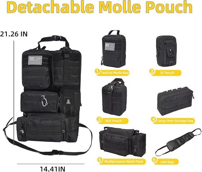 Tactical Car Seat Back Organizer,Tactical Molle Seat Back Organizer with 6 Detachable Molle Pouch,Universal Fits for Car Truck Jeep Vehicle