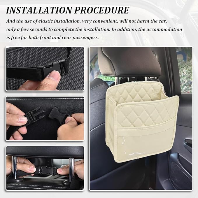 Car Seat Back Organizer, Car Organizers and Storage, PU Leather Vehicle Backseat Hanging Storage Pocket, Multipurpose Auto Travel Essentials Accessories for Kids & Adults, Universal for Cars (Beige)